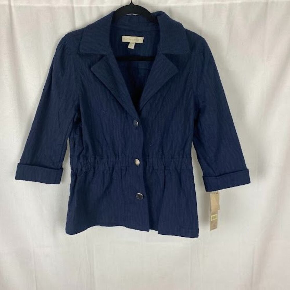 NWT Laura Ashley 3/4 Sleeve Cotton Jacket‎ Navy Button Down  Women's Medium